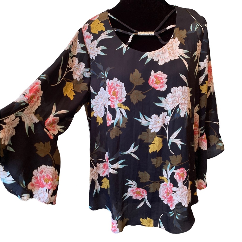 Est 1946 Boho Whimsygoth Hippie Romantic Floral Bell Sleeve Strappy Blouse